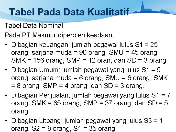 Tabel Pada Data Kualitatif Tabel Data Nominal Pada PT Makmur diperoleh keadaan; • Dibagian