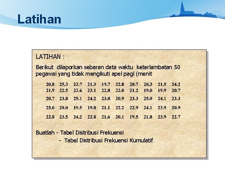 Latihan LATIHAN : Berikut dilaporkan sebaran data waktu keterlambatan 50 pegawai yang tidak mengikuti