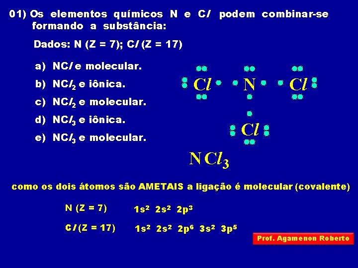 01) Os elementos químicos N e Cl podem combinar-se formando a substância: Dados: N