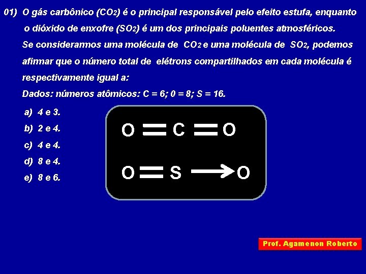 01) O gás carbônico (CO 2) é o principal responsável pelo efeito estufa, enquanto