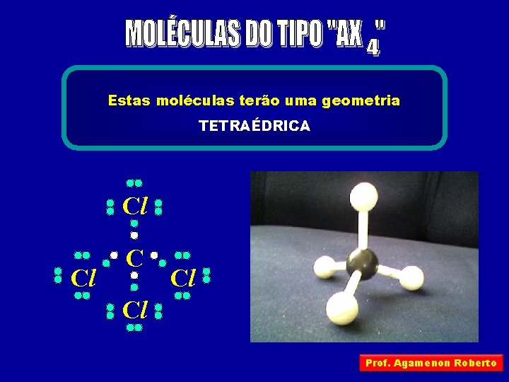 Estas moléculas terão uma geometria TETRAÉDRICA Cl Cl Cl Prof. Agamenon Roberto 