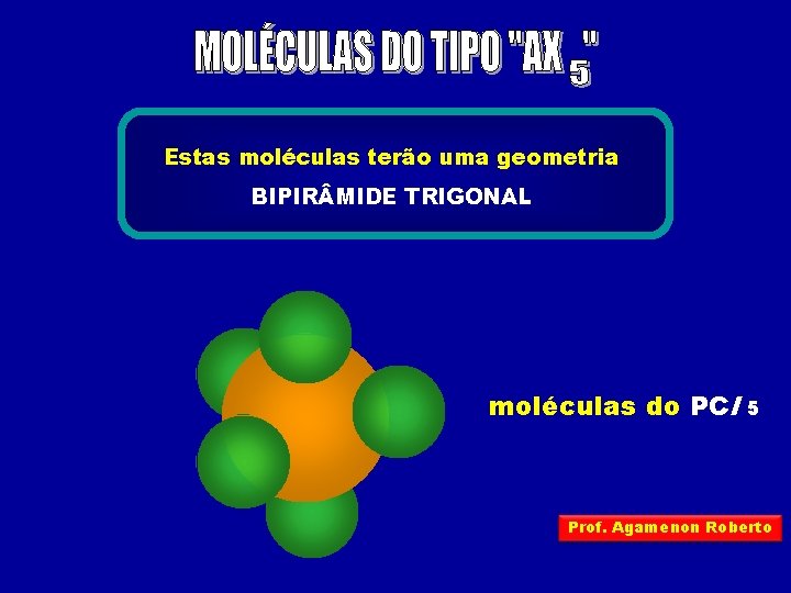Estas moléculas terão uma geometria BIPIR MIDE TRIGONAL moléculas do PCl 5 Prof. Agamenon