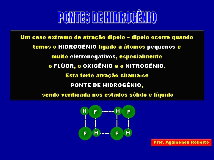 Um caso extremo de atração dipolo – dipolo ocorre quando temos o HIDROGÊNIO ligado