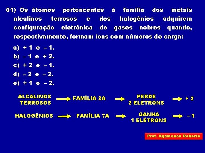 01) Os átomos alcalinos pertencentes terrosos configuração e eletrônica dos de à família dos