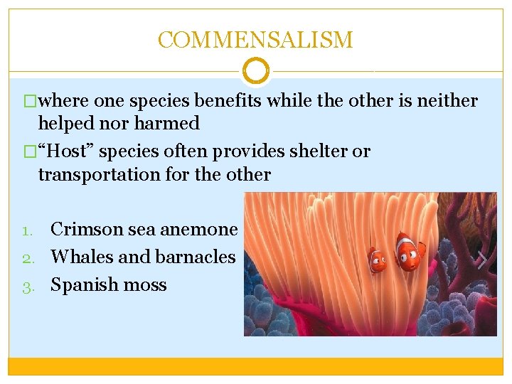 COMMENSALISM �where one species benefits while the other is neither helped nor harmed �“Host”