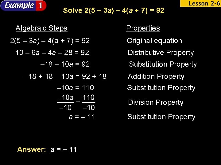 Solve 2(5 – 3 a) – 4(a + 7) = 92 Algebraic Steps Properties