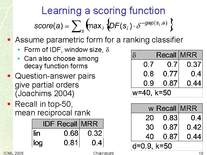 Learning a scoring function § Assume parametric form for a ranking classifier • Form