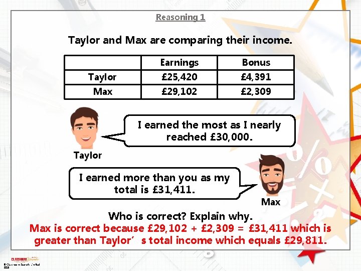 Reasoning 1 Taylor and Max are comparing their income. Earnings Bonus Taylor £ 25,