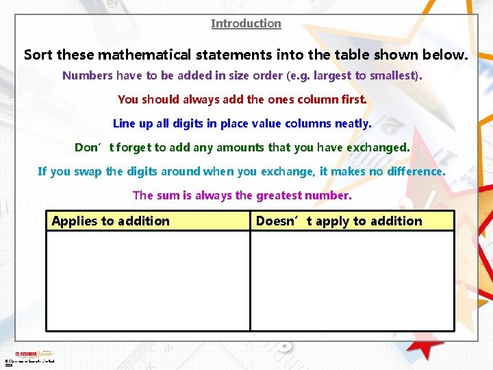 Introduction Sort these mathematical statements into the table shown below. Numbers have to be