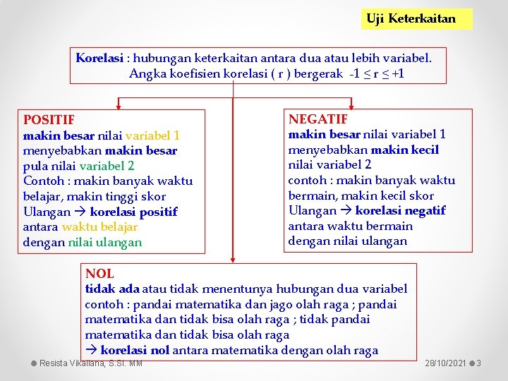 Uji Keterkaitan Korelasi : hubungan keterkaitan antara dua atau lebih variabel. Angka koefisien korelasi