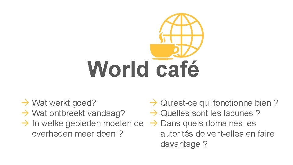 World café Wat werkt goed? Qu’est-ce qui fonctionne bien ? Wat ontbreekt vandaag? Quelles