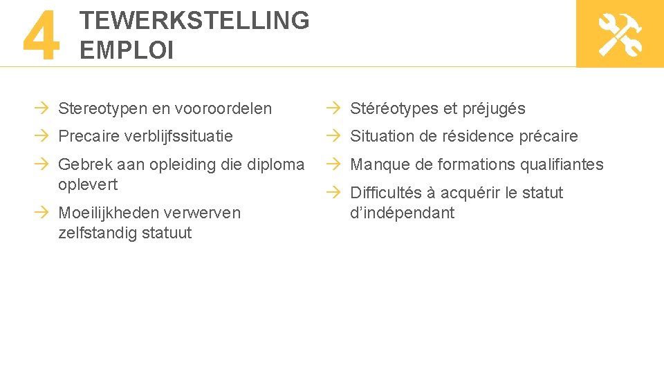 4 TEWERKSTELLING EMPLOI Stereotypen en vooroordelen Stéréotypes et préjugés Precaire verblijfssituatie Situation de résidence