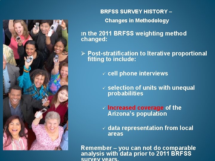 BRFSS SURVEY HISTORY – Changes in Methodology In the 2011 BRFSS weighting method changed: