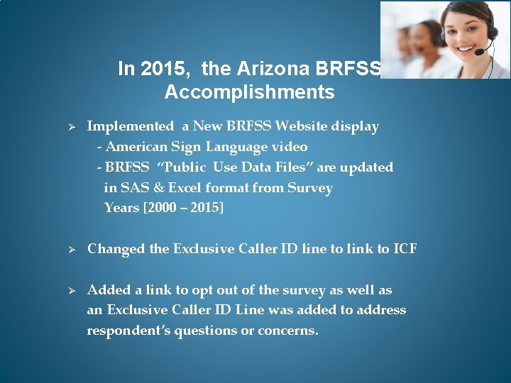 In 2015, the Arizona BRFSS Accomplishments Ø Ø Ø Implemented a New BRFSS Website