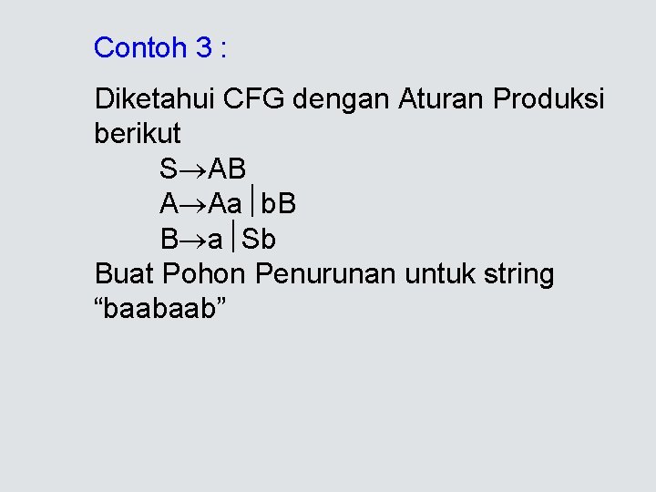 Contoh 3 : Diketahui CFG dengan Aturan Produksi berikut S AB A Aa b.