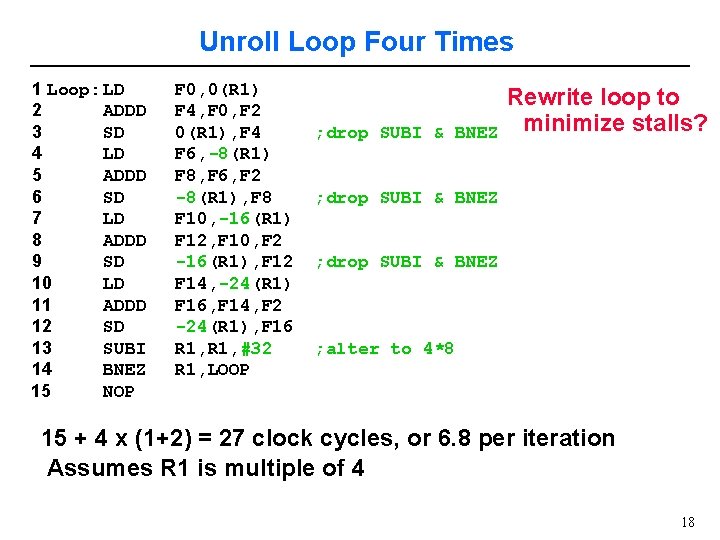 Unroll Loop Four Times 1 Loop: LD 2 ADDD 3 SD 4 LD 5