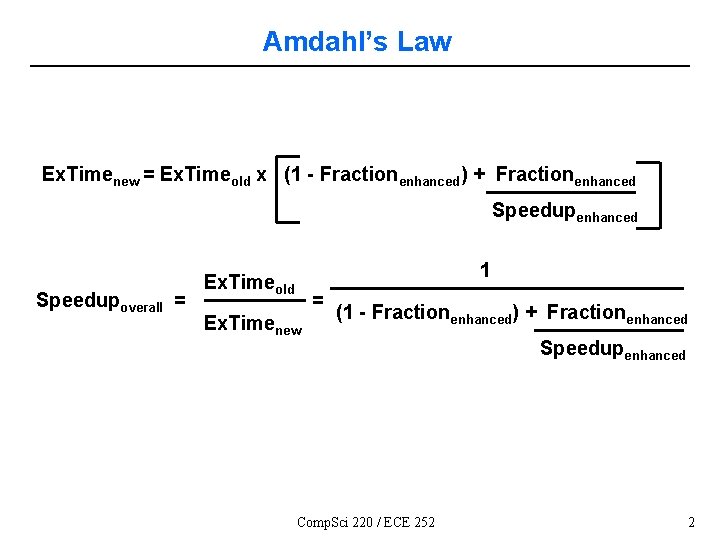 Amdahl’s Law Ex. Timenew = Ex. Timeold x (1 - Fractionenhanced) + Fractionenhanced Speedupoverall