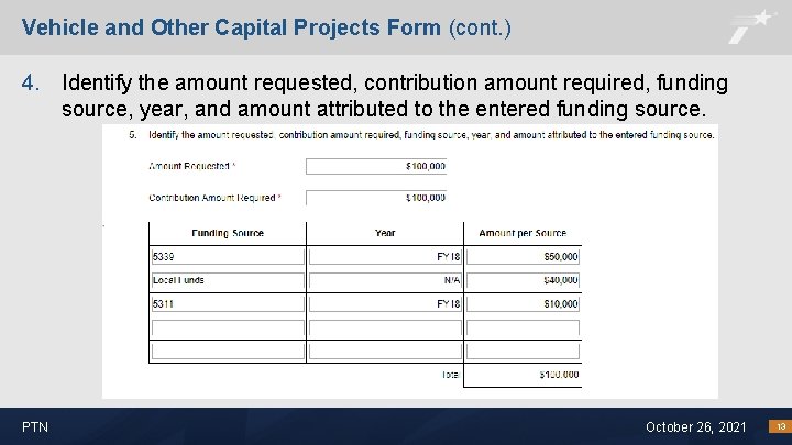 Vehicle and Other Capital Projects Form (cont. ) 4. Identify the amount requested, contribution