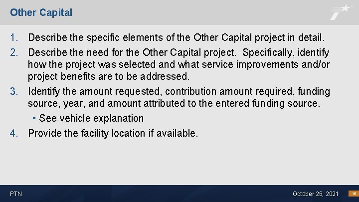 Other Capital 1. Describe the specific elements of the Other Capital project in detail.