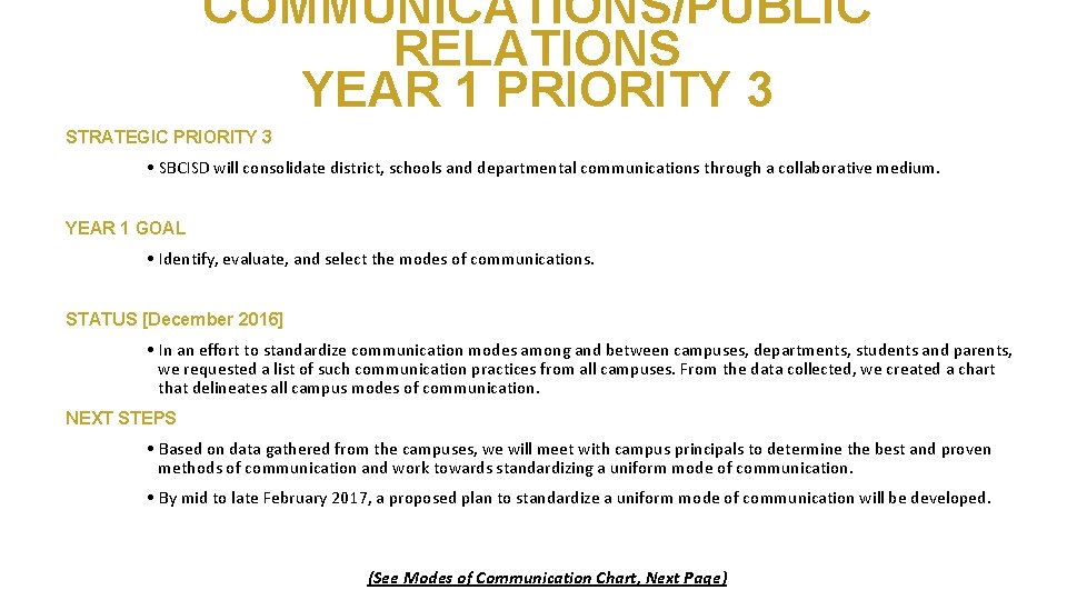 COMMUNICATIONS/PUBLIC RELATIONS YEAR 1 PRIORITY 3 STRATEGIC PRIORITY 3 • SBCISD will consolidate district,