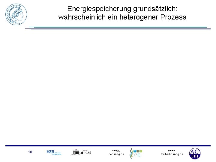 Energiespeicherung grundsätzlich: wahrscheinlich ein heterogener Prozess 18 www. cec. mpg. de www. fhi-berlin. mpg.