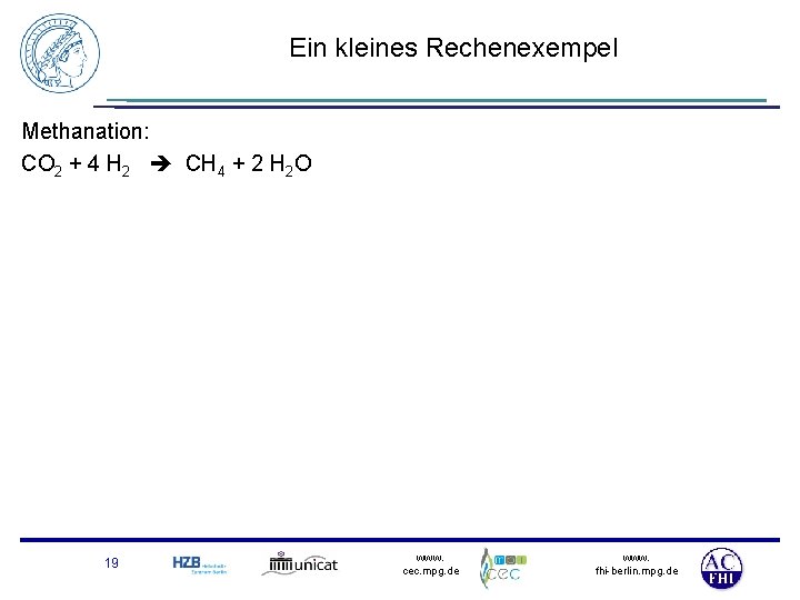 Ein kleines Rechenexempel Methanation: CO 2 + 4 H 2 CH 4 + 2