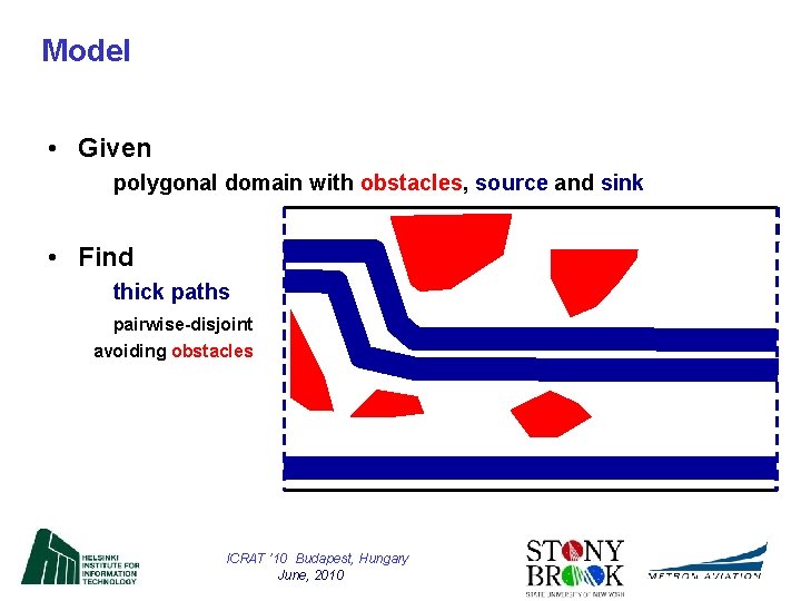 Model • Given polygonal domain with obstacles, source and sink • Find thick paths