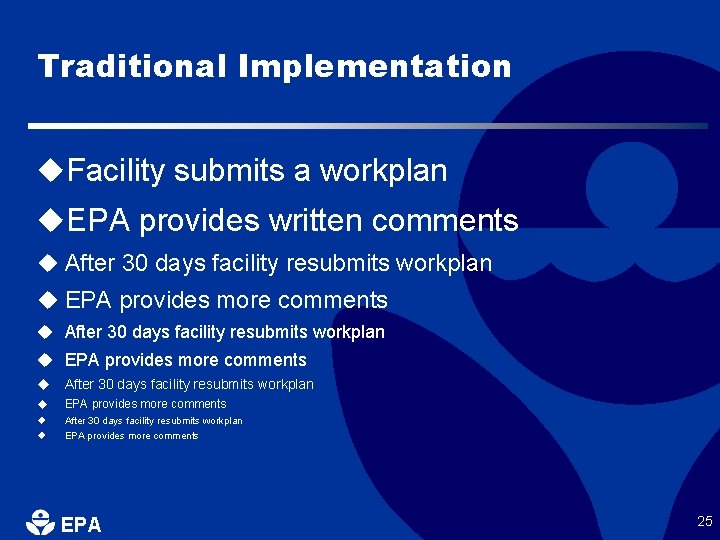Traditional Implementation u. Facility submits a workplan u. EPA provides written comments u After