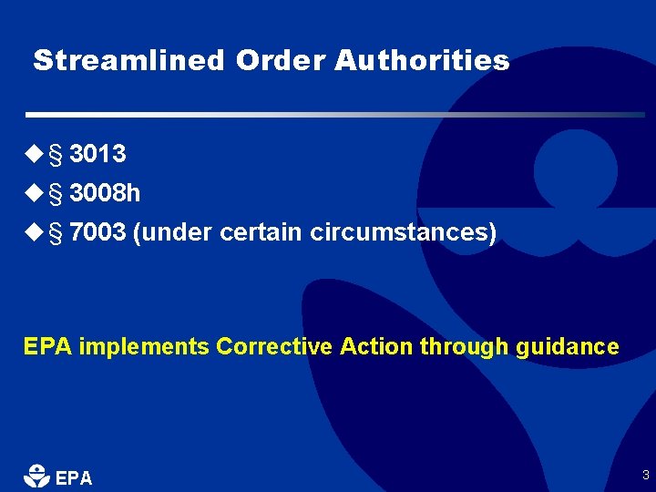 Streamlined Order Authorities u § 3013 u § 3008 h u § 7003 (under