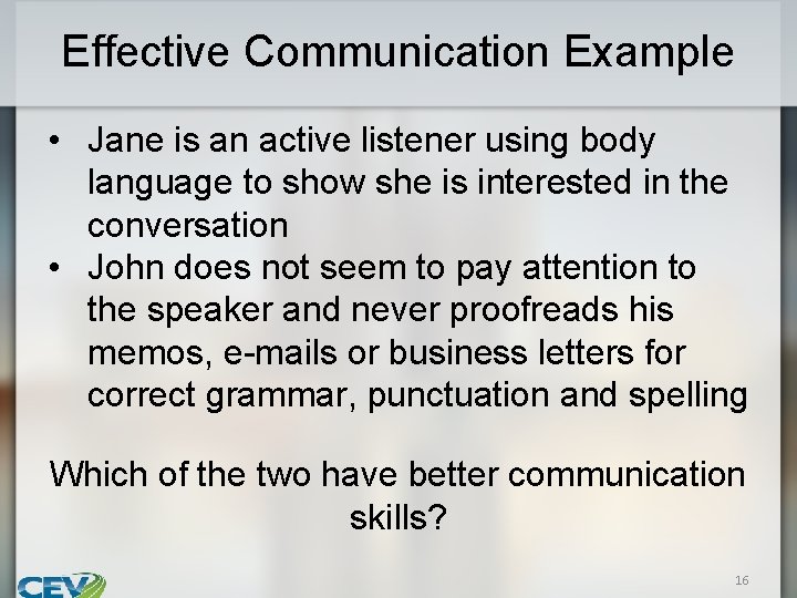 Effective Communication Example • Jane is an active listener using body language to show