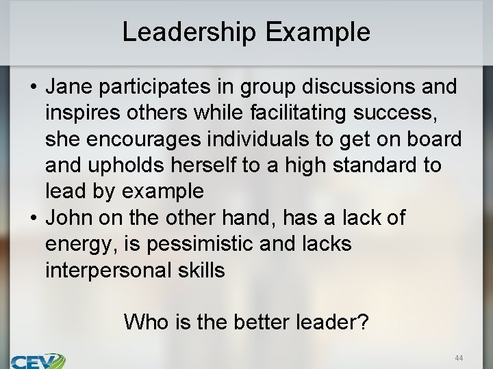 Leadership Example • Jane participates in group discussions and inspires others while facilitating success,