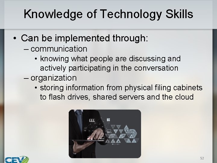 Knowledge of Technology Skills • Can be implemented through: – communication • knowing what