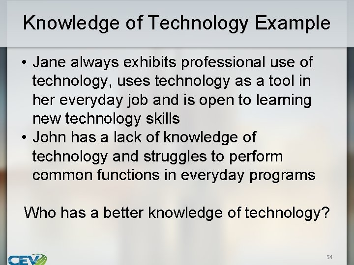 Knowledge of Technology Example • Jane always exhibits professional use of technology, uses technology