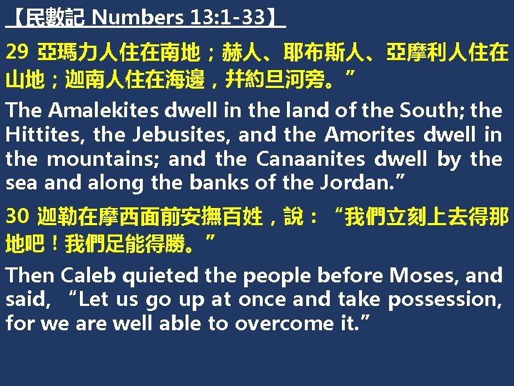 【民數記 Numbers 13: 1 -33】 29 亞瑪力人住在南地；赫人、耶布斯人、亞摩利人住在 山地；迦南人住在海邊，幷約旦河旁。” The Amalekites dwell in the land