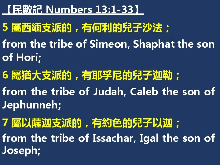 【民數記 Numbers 13: 1 -33】 5 屬西緬支派的，有何利的兒子沙法； from the tribe of Simeon, Shaphat the