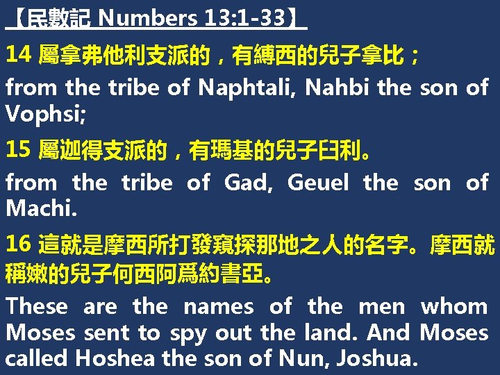 【民數記 Numbers 13: 1 -33】 14 屬拿弗他利支派的，有縛西的兒子拿比； from the tribe of Naphtali, Nahbi the