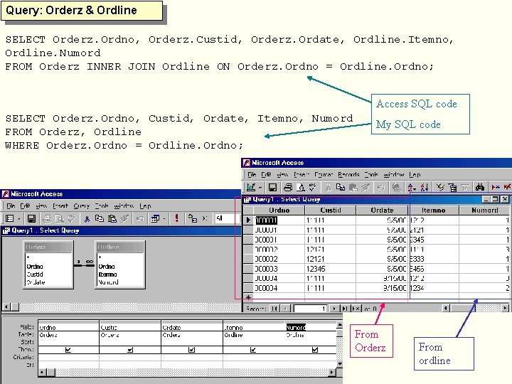 Query: Orderz & Ordline SELECT Orderz. Ordno, Orderz. Custid, Orderz. Ordate, Ordline. Itemno, Ordline. Query: Orderz & Ordline SELECT Orderz. Ordno, Orderz. Custid, Orderz. Ordate, Ordline. Itemno, Ordline.