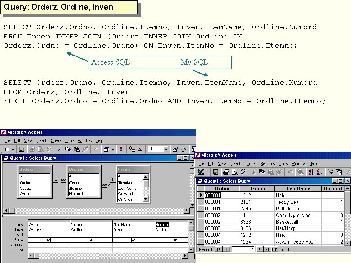 Query: Orderz, Ordline, Inven SELECT Orderz. Ordno, Ordline. Itemno, Inven. Item. Name, Ordline. Numord Query: Orderz, Ordline, Inven SELECT Orderz. Ordno, Ordline. Itemno, Inven. Item. Name, Ordline. Numord