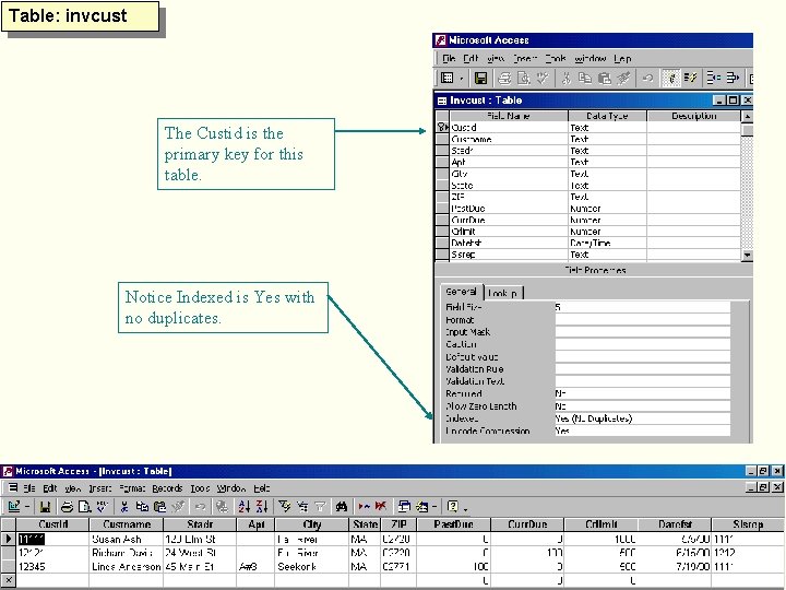 Table: invcust The Custid is the primary key for this table. Notice Indexed is Table: invcust The Custid is the primary key for this table. Notice Indexed is