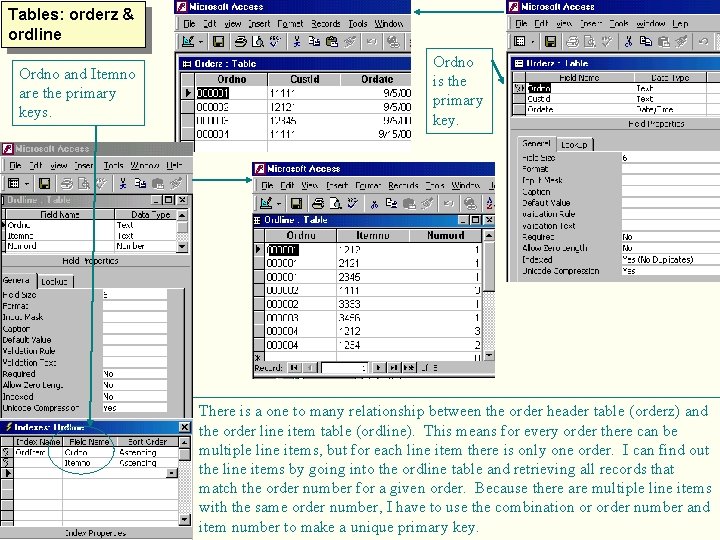 Tables: orderz & ordline Ordno and Itemno are the primary keys. Ordno is the Tables: orderz & ordline Ordno and Itemno are the primary keys. Ordno is the