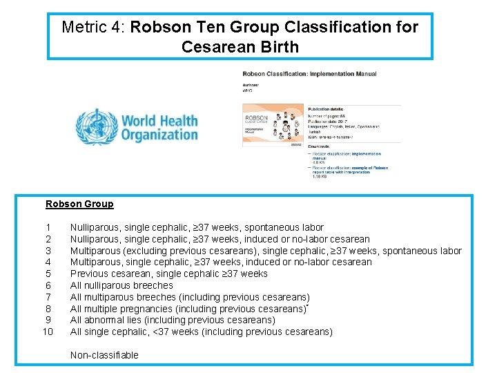 Metric 4: Robson Ten Group Classification for Cesarean Birth Robson Group 1 2 3