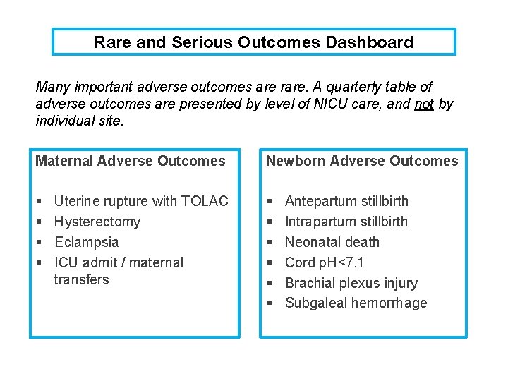 Rare and Serious Outcomes Dashboard Many important adverse outcomes are rare. A quarterly table