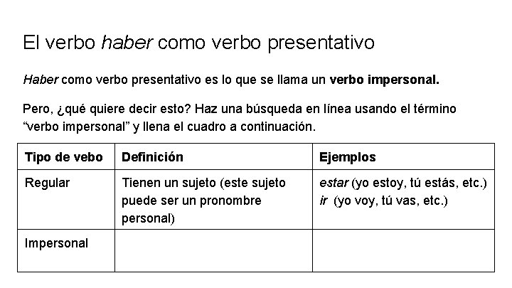 El verbo haber como verbo presentativo Haber como verbo presentativo es lo que se