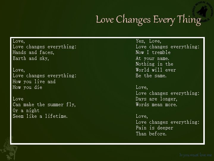 Love Changes Every Thing Love, Love changes everything: Hands and faces, Earth and sky,