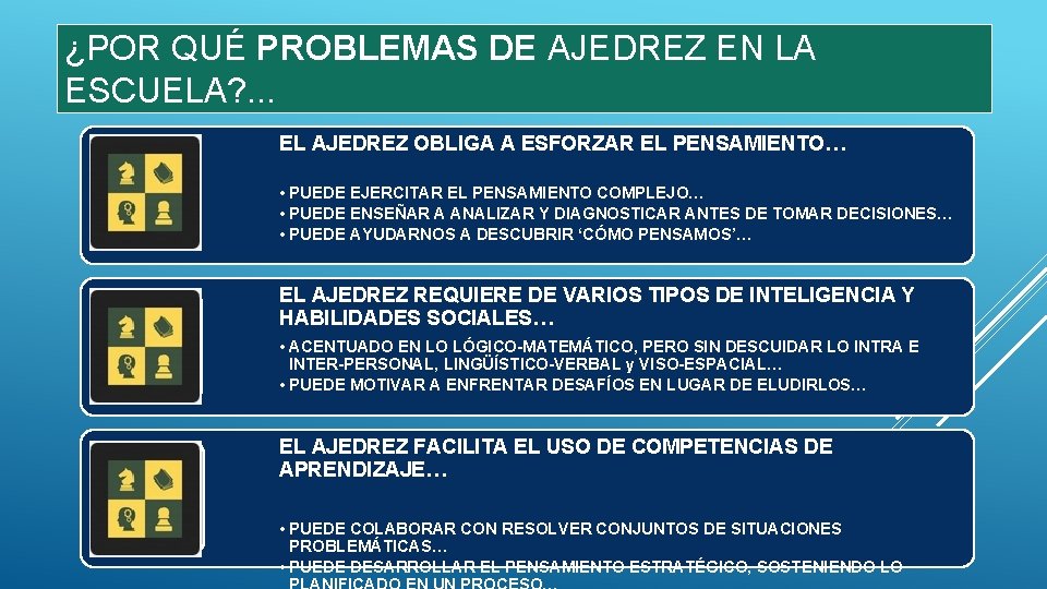 ¿POR QUÉ PROBLEMAS DE AJEDREZ EN LA ESCUELA? . . . EL AJEDREZ OBLIGA