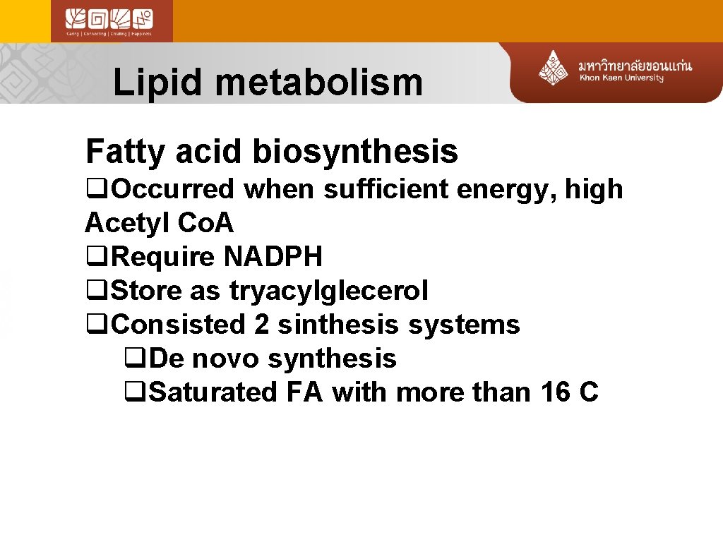 Lipid metabolism Fatty acid biosynthesis q. Occurred when sufficient energy, high Acetyl Co. A