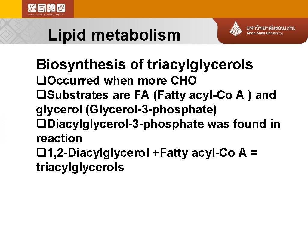 Lipid metabolism Biosynthesis of triacylglycerols q. Occurred when more CHO q. Substrates are FA