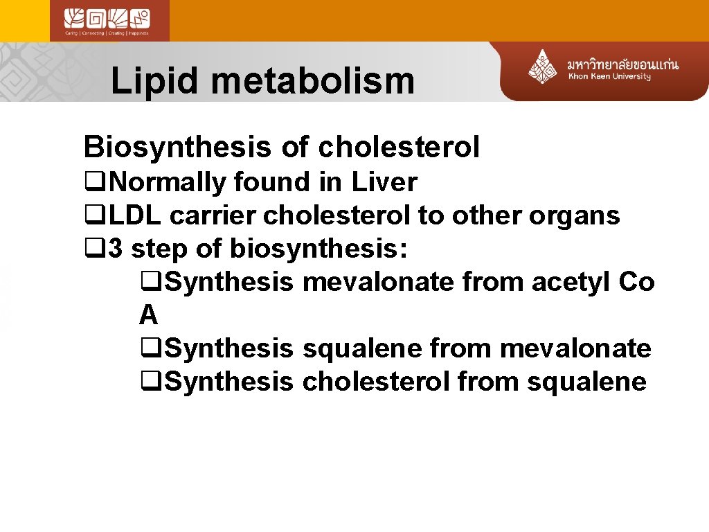 Lipid metabolism Biosynthesis of cholesterol q. Normally found in Liver q. LDL carrier cholesterol