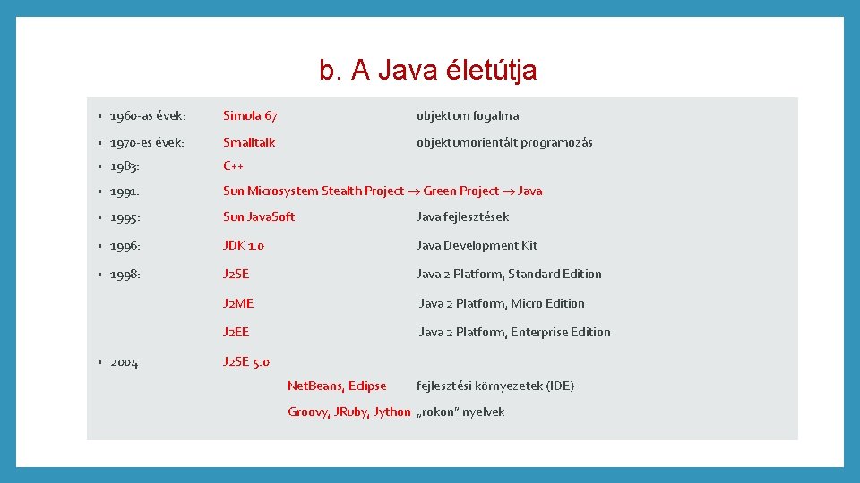 b. A Java életútja • 1960 -as évek: Simula 67 objektum fogalma • 1970