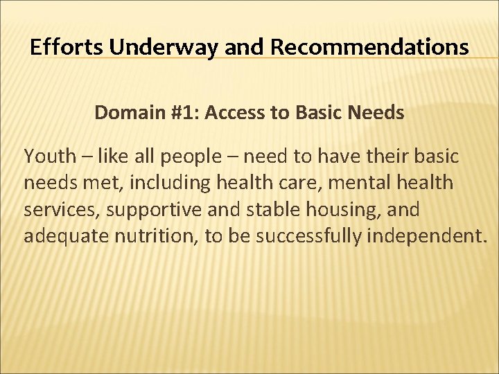 Efforts Underway and Recommendations Domain #1: Access to Basic Needs Youth – like all